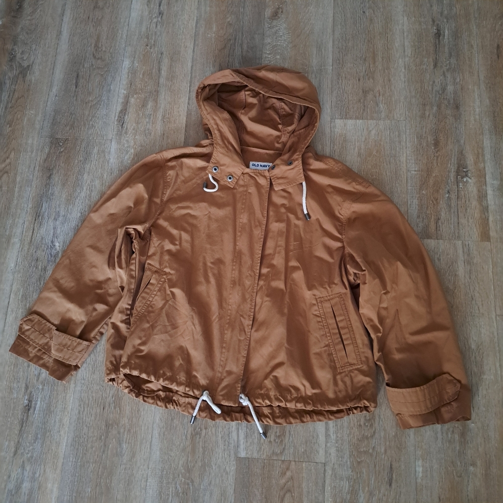 Old Navy Hooded Windbreaker Jacket in Camel Tan Oversized Women's Size Small